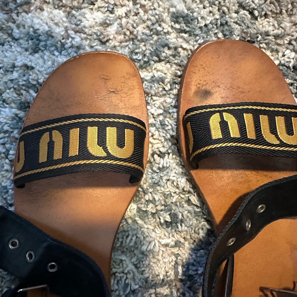 Miu Miu Black and Gold Logo Strap Tan Leather Sandals - Picture 2 of 7